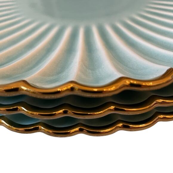 Aqua Ceramic Dinner Plates 11" Turquoise Scalloped Edge Gold Accent Set of 4 New - Picture 12 of 16